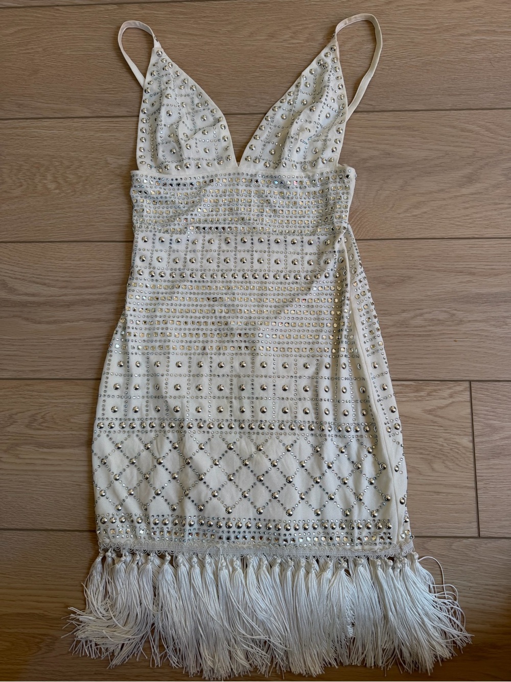 Embellished Ivory Fringe Bodycon Dress